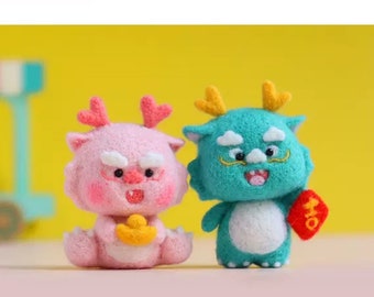 Own Design Cute Animal Dragon | Lucky Dragon Blue Pink - Wool Felting DIY Kit （Wool Felt)