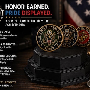 May include: A black, tiered, octagonal display stand holding three circular military challenge coins representing the United States Army, Navy, and Marine Corps. The stand features a matte finish and is designed to showcase collectible coins.