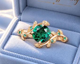 Unique Round Cut Emerald Engagement Ring, Dainty Green Gemstone Leaf Nature Inspired Bridal Ring, Gift For Her