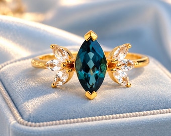 Marquise Cut Blue London Topaz Engagement Ring, 14k Gold Moissanite Firefly Wedding Ring, Gift For Her