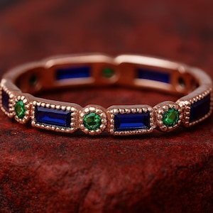 14K Sapphire Gold Ring, Sapphire And Emerald Wedding Band, Vintage Unique Stacking Matching Band, Two Birthstone Ring, Baguette Ring