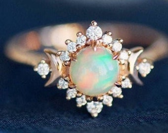 Opal Engagement Ring  Vintage Opal Wedding Ring  Woman Celestial Engagement Ring Bridal Ring Unique Opal Ring Rose Gold Moon Ring Gift