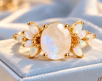 Dainty Oval Cut Rainbow Moonstone Engagement Ring, Opal Gemstone Handmade Jewelry, Gift For Women