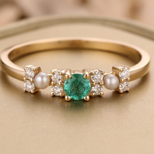 Natural Akoya Pearl Wedding Band Round Cut Lab Emerald Ring Art Deco May Birthstone Matching Band Woman Yellow Gold Cluster Matching Band