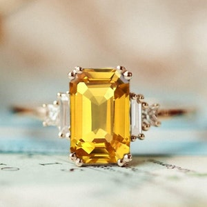 Emerald Cut Citrine Ring: Vintage Style Bridal Proposal Ring
