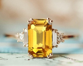 Citrine Birthstone Ring,Emerald Cut Ring, Vintage Style Crystal Ring, unique cluster bridal wedding ring women Proposal Ring Gift