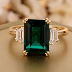 Emerald Engagement Ring Emerald Cut Solid 14K Gold Engagement Ring Cluster Ring Moissanite Bridal Ring Promise Ring Anniversary Gift