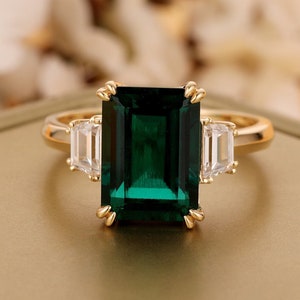 Emerald Cut Engagement Ring: 14K Gold Cluster, Moissanite Bridal Ring