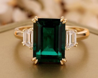 Emerald Engagement Ring Emerald Cut Solid 14K Gold Engagement Ring Cluster Ring Moissanite Bridal Ring Promise Ring Anniversary Gift