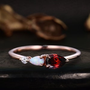 Vintage Pear Cut Garnet Engagement Ring: Delicate Opal & Moissanite Sterling Silver Ring
