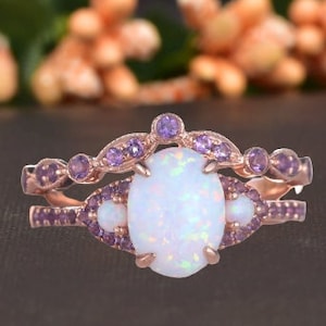 Fire Opal Engagement Ring Set Amethyst Ring Set Sterling Silver Opal Ring Set Unique Ring Vintage Opal Ring Stacking Ring for Women