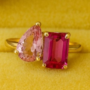 Pink Sapphire and Ruby Two Stone Ring: Art Deco Engagement Ring