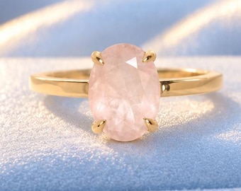 Oval Cut Rose Quartz Engagement Ring,  Art Deco Pink Gemstone Statement Ring, Dainty Anniversary Gift for Her