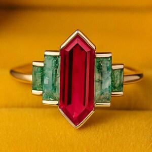 Hexagon Ruby Ring: Rose Gold, Moss Agate Baguette - Vintage Bridal