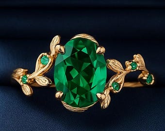 Pierścionek zaręczynowy z owalnym szlifem szmaragdu inspirowany naturą, pierścionek rocznicowy dla niej