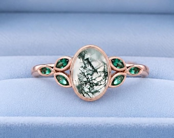 Oval Cut Moss Agate Ring With Marquise Emerald Accents, Solitaire Bezel  Set Natural Agate Wedding Ring, Green Gemstone Promise Jewelry