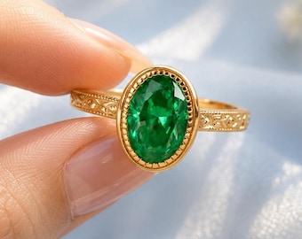 Vintage Style Oval Cut Emerald Art Deco Engagement Ring, Solitaire Bezel Set May Birthstone Signet Ring, Bridal Promise Ring