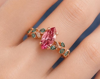 Marquise Pink Sapphire Leaf Ring, Nature Inspired Engagement Ring, Rose Gold Marquise Emerald Floral Vine Jewelry