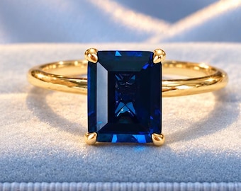 Danity Emerald Cut Sapphire Engagement Ring, Unique Blue Gemstone Bridal Promise Ring, Gift For Woman
