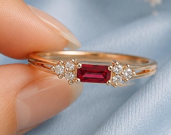 Baguette Ruby Minimalist Engagement Ring, Diamond Cluster Wedding Promise Ring, July Birthstone Tiny Jewelry