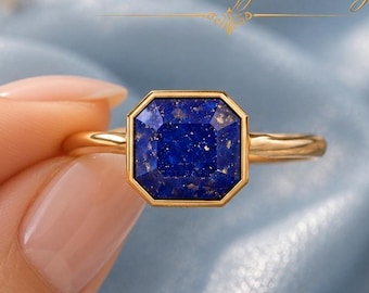 Dainty Asscher Cut Natural Lapis Lazuli Ring, Minimalist Bezel Set Statement Ring, Unisex Geometric Promise Jewelry