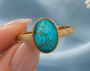 Vintage Oval Cut Turquoise Statement Ring, Solitaire December Birthstone Ring, Handmade Bezel Set Healing Crystal Ring Gift for Her