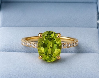 Oval Cut Peridot Engagement Ring With Side Diamond Accent, 14K Solid Gold Promise Ring, Solitaire August Birthstone Jewelry