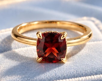 Unique Cushion Cut Garnet Engagement Ring, Vintage Red Gemstone Solitaire Moissanite Bridal Ring, Anniversary Gift For Her