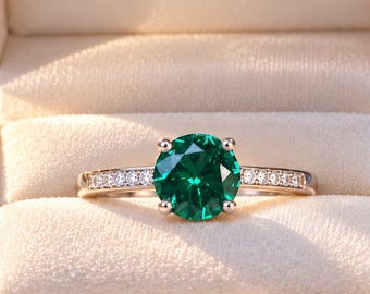 Unique Round Cut Emerald Engagement Ring, Dainty Green Gemstone Moissanite Bridal Wedding Ring, Gift For Her