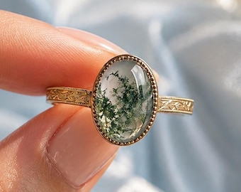 14k Solid Gold Vintage Oval Moss Agate Engagement Ring, Solitaire Bezel Set Milgrain Ring, Floral Engraved Band Ring