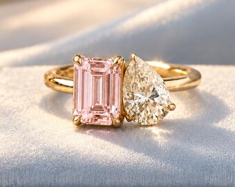 Emerald Cut Pink Sapphire & Pear Cut Moissanite Toi Et Moi Engagement Ring, Unique Two stone Wedding Ring, Anniversary Gifts For Her