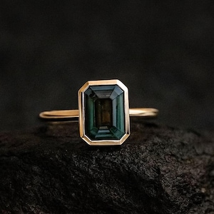 Emerald Cut Teal Sapphire Engagement Ring, 14K Solid Yellow Gold Bezel Set Ring, Solitare Bridal Wedding Promise Ring, Everyday Wear Ring