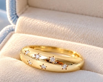 Unique Round Cut Moissanite Wedding Band, Solid Gold Promise Bridal Ring, Anniversary Gift For Her