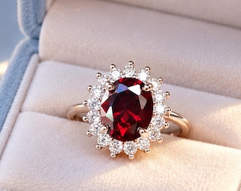 Oval Cut Garnet Engagement Ring, Red Gemstone Solitaire Moissanite Helo Bridal Ring, Anniversary Gift For Her