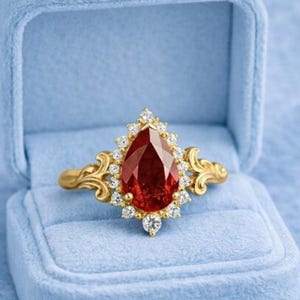 May include: A gold ring with a pear-shaped, deep red gemstone, surrounded by smaller white gemstones. The ring is displayed in a light blue velvet ring box. The text "Dreamsofjewellry" is at the top of the image.