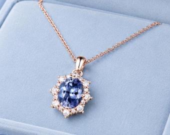 Vintage Oval Cut Tanzanite Wedding Necklace, Unique Halo Diamond Pendant For Women, Anniversary Gift Jewelry