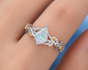 Vintage Style Kite Cut Opal Engagement Ring, Nature Inspired Leaf Band Citrine Accent Ring, Sterling Silver Promise Jewelry