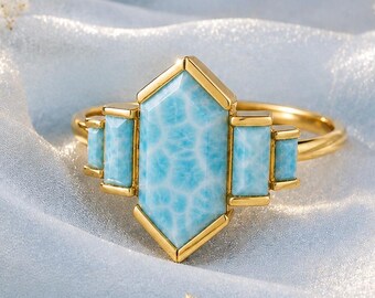 Hexagon Cut Larimar Statement Ring, Vintage Art Deco Baguette Ocean Blue Stone Ring for Women, Unique Anniversary Gift