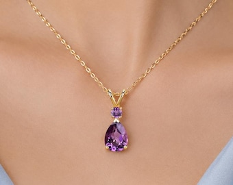 Pear Cut Amethyst Pendant Necklace, Minimalist Teardrop Gemstone Pendant Jewelry, Dainty February Birthstone Necklace