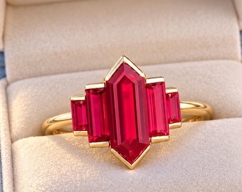 Unique Long Hexagon Ruby Engagement Ring, Art Deco Rose Gold Bezel Setting Solitaire Bridal Ring, Gift For Her