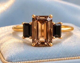 Emerald Cut Smoky Quartz Engagement Ring, Unique Brown Gemstone Onyx Wedding Ring, Personalized Gift For Her