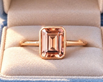 Emerald Cut Morganite Engagement Ring, Solitaire 14k Solid Gold Birdal Wedding Ring, Gift For Wife