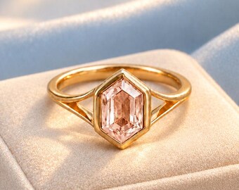 Hexagon Cut Morganite Engagement Ring, Solitaire 14k Solid Gold Bezel Set Promise Ring, Gift For Her