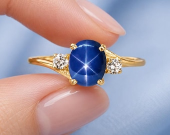 14k Solid Gold Oval Blue Star Sapphire Engagement Ring, Bypass Shank Diamond Accent Promise Ring, Unique September Birthstone Jewelry