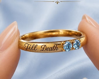 14K Yellow Gold Till Death Engraved Ring, Dainty Couple Birtstone Silver Ring, Solitaire Unisex Handmade Jewelry