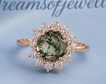 Round Moss Agate Engagement Ring, Nature Inspired Rose Gold Floral Promise Ring, Vintage Halo Diamond Cluster Ring