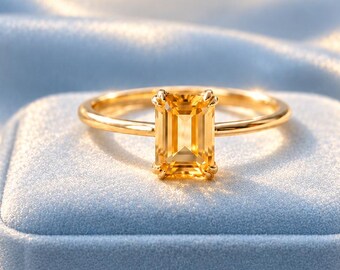Emerald Cut Citrine Engagement Ring, 14k Solid Gold Solitaire Yellow Gemstone Ring, November Birthstone