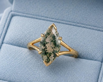 Marquise Moss Agate Engagement Ring, Nature Inspired Split Shank Wedding Ring, Unique Alternative Bridal Jewelry, Gift for Women