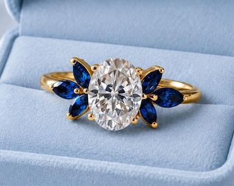 Vintage Style Oval Cut Moissanite Ring, Marquise Blue Sapphire Floral Engagement Ring, Unique Gold Bridal Jewelry Gift