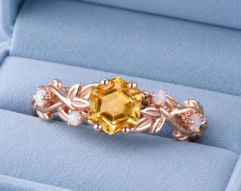 Vinatage Hexagon Cut Citrine Engagement Ring, Nature Inspired Rose Gold Opal Leaf Ring, Art Deco Promise Ring For Women Gift